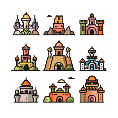 Farklı mimari tarzları temsil eden renkli kale sarayı simgeleri belirleyin, ikon eşsiz tasarım elementleri, kuleler, canlı renkler içerir. Koleksiyon mükemmel seyahat, tarih, fantezi temalar