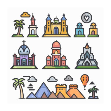 Renkli simgeler, doğal harikalar vektör çizimlerini ayarlayın. Simgeler tapınakları, piramitleri, palmiye ağaçlarını, dağları, balonları betimler. Grafik tasarım seyahati, turizm, kültürel semboller