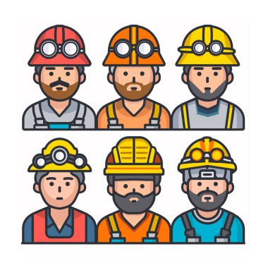 Güvenlik kaskı takan altı farklı madenci. Erkek karakterler, yüz kılları, farlar, yansıtıcı yelekler, farklı ifadeler. Düz stil madencilik personeli beyazlara karşı avatarlar