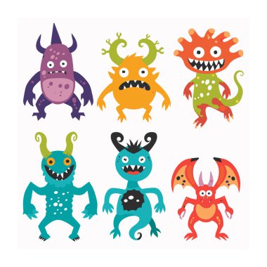 Altı renkli çizgi film canavarı beyaz arkaplanı izole etti. Eşsiz, komik dizayn, gülümseyen göz dişleri. Oyuncu canavar karakterler çocuk kitap oyunu