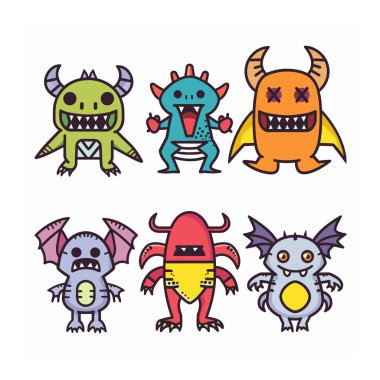 Sevimli çizgi film canavarları renkli çizimler, canavar oyuncakları oynayan çocuklar, dost canlısı uzaylı karakterler tasarımı. Çeşitli şakacı yaratıklar, çizgi film karakterleri koleksiyonu, çocuk fantazisi
