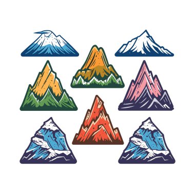 Altı renkli dağ çizimi, karlı zirveler, canlı gradyanlar. El yapımı dağlar, grafik tasarım elementleri, doğa temalı. Macera, seyahat, açık hava ikonları, izole edilmiş beyaz
