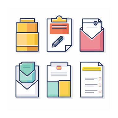 Renkli vektör çizimleri çeşitli belge depolama simgeleri. Düz dizayn tarzı belgeler, pano, zarflar, dosyalama çekmeceleri. İş yeri kırtasiyesi kavramına karşı canlı renkler