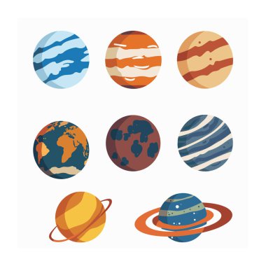 Dokuz renkli karikatür tarzı illüstrasyon gezegeni. Çeşitli gezegen dizaynlarında farklı şekillerde halkalar var. Çeşitli gezegenlerin vücutlarını temsil eden farklı desenler. İzole edilmiş kolleksiyon gök grafikleri mükemmel
