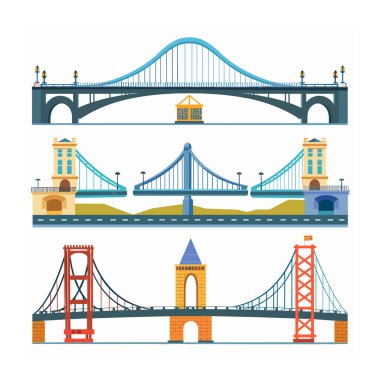 Koleksiyon ikonik köprü çizimleri, çeşitli ünlü köprü tasarımlarını temsil ediyor, renkli detaylar. Kemer süspansiyon köprüleri tasvir edildi, kent merkezi çevresi, düz grafik tarzı
