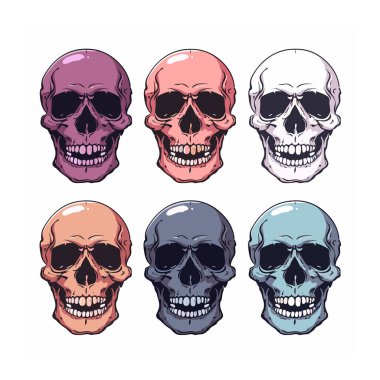 Altı renkli kafatası sıra sıra izole edilmiş beyaz arka plan. Canlı renkler arasında mor, pembe, beyaz, turuncu, koyu mavi, açık mavi, kafatasında ayrıntılı gölgeleme tarzı yer almaktadır.