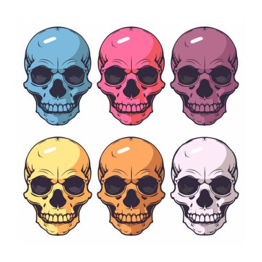 Altı renkli kafatası düzgünce dizilmiş, canlı renkler gözleri yakalıyor, kafatasları eşsiz bir şekilde gölgelenmiş, çeşitlilik gösteren tek bir kavram. Çizgi film tarzı kafatasları, tasvir fanilik, kıvrım oyunculuğu