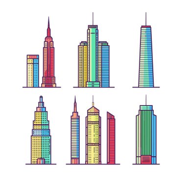Renkli vektör çizimi altı gökdelen farklı mimari tarzlar, kentsel gelişim hakkında ideal konular. Modern şehir manzarasını yansıtan parlak, stilize binalar, uygun eğitici