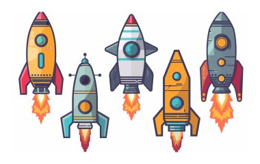 Beş çizgi film roketi renkli tasarım alevler fırlatma üssü. Retro roket çizimi belirgin birincil renk alev desenleri. Çeşitli uzay araçları uçuş kipini içeren izole edilmiş beyaz arkaplan