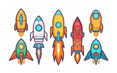 Renkli roketler vektör çizimi izole edilmiş beyaz arka plan. Çizgi film stili uzay aracı uzay keşif teması tasarlıyor. Altı farklı roket roketi ateşleme hızı gösteriyor.