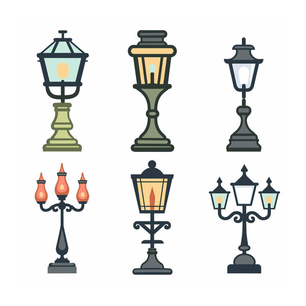 Six vector illustrations street lamps different styles. Vintage modern street lights feature classic designs colored soft pastel shades. Ideal graphic design topics urban lighting, historical