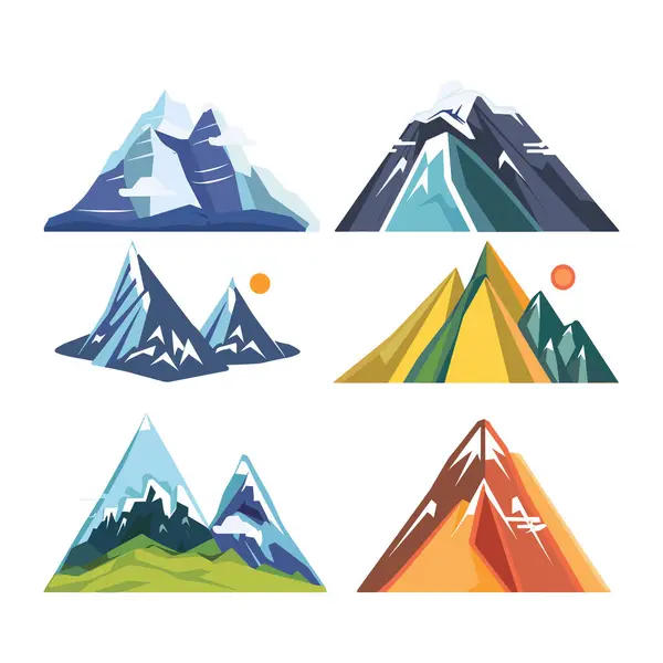 Stock vector Set six colorful mountain vector illustrations depicting diverse seasons times day, graphic showcases mountains artistic snow caps distinctive color palettes suggesting different climates. Stylized