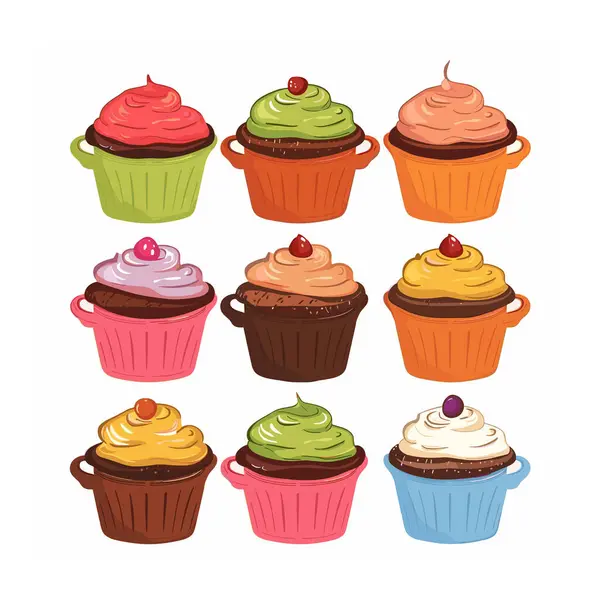 stock vector Collection colorful cupcakes various toppings, neatly arranged looking delicious. Cupcakes feature different flavors, frostings garnishes cartoon style. Sweet treats ideal dessert menu designs