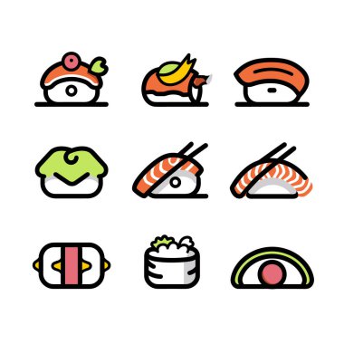 Japon mutfağının farklı türlerini içeren suşi simgeleri koleksiyonu. Renkli ikonlar arasında nigiri suşi balığı, maki böreği ve deniz ürünleri var. Düz tasarım tarzı, kalın ana hatlar, canlı renkler ayarlandı