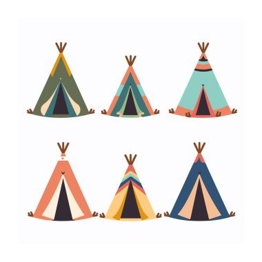 Düz stil dizayn edilmiş renkli çadırlar. Çeşitli desenler çadır resimlerini süslüyor. Tuhaf kabile çadırlarını uygun çocuk kitapları illüstrasyonlarıyla ayarla