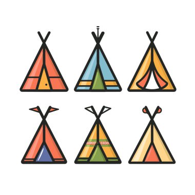 Koleksiyon renkli çadır çadırları modern düz stil tasarladı, çadır farklı renk kombinasyonları sergiliyor. İzole edilmiş beyaz arka plan, uygun kamp macerası temalı gençler