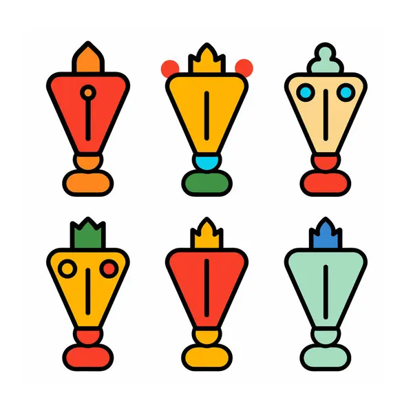 stock vector Six colorful vector icons resembling stylized chess pieces totems faces crowns, icon features unique facial expressions crown designs against isolated white background. Bright primary secondary