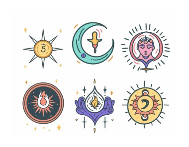 Renkli vektör çizimleri. Güneş, ay ve elementler de dahil olmak üzere esrarengiz semboller. Benzersiz ruhani tasarımlarda yıldızlar, alevler, mistik kadın yüzü var. Sanatsal esrarengiz simgeler mistik uygulamalar