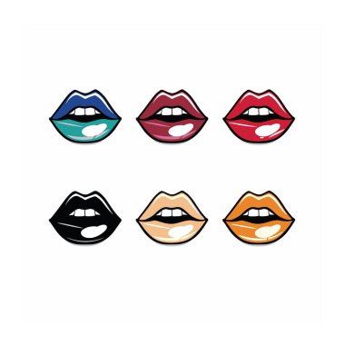 Altı renkli dudak çizimi, farklı ruj renkleri, izole edilmiş kadın dudakları. Pop sanat tarzı, şehvetli kadın dudakları, farklı ruj makyajı, güzellik moda konsepti. Benzersiz dudak
