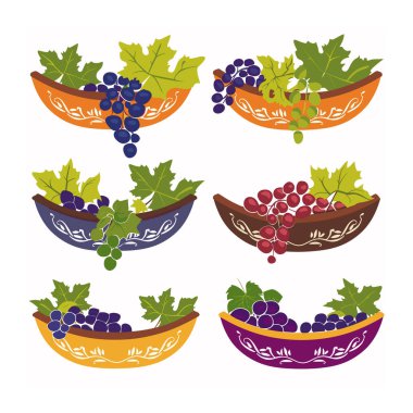 Renkli vektör illüstrasyonlarını ayarlayın. Üzüm yaprakları dekoratif kaseler. Farklı üzüm rengi kase tasarımları sunuldu, düz grafik tarzı, uygun yiyecek hasat temaları. Çeşitlilikler arasında mavi
