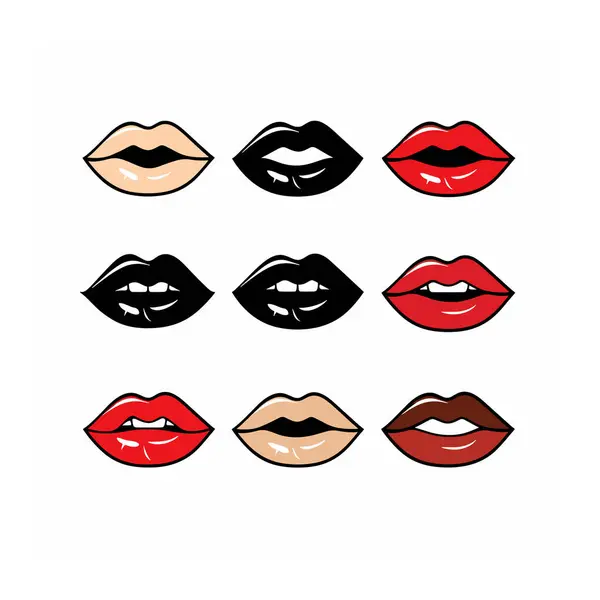 stock vector Set various lips icons showing different lipstick colors mouth expressions. Graphic design collection stylized human lips, smiling, others neutral against isolated white background. Diverse