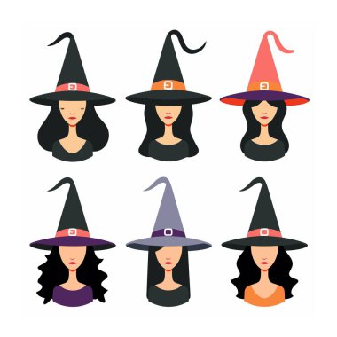 Six stylized female witch characters wearing pointy hats. Different color hats represent various magical archetypes. Simplistic, flat design ideal Halloween themed materials clipart
