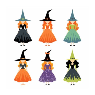 Altı renkli cadı, farklı elbise şapkaları, Cadılar Bayramı karakterleri. Kadın cadı çizimleri, çeşitli pozlar kostümler, fantezi temalı. Çizgi film cadı seti, şenlikli kıyafetler, izole edilmiş beyaz arka plan.