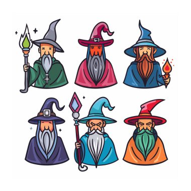 Altı büyücü cübbesi renkli şapkalar, ellerinde mistik eşyalar var. Çizgi film stili büyücüler, değişik sakal renkleri, sihirli sopalar, alevler. Büyücüler büyüleyici fantezi temasını ifade eden canlı cübbeler sergilediler.