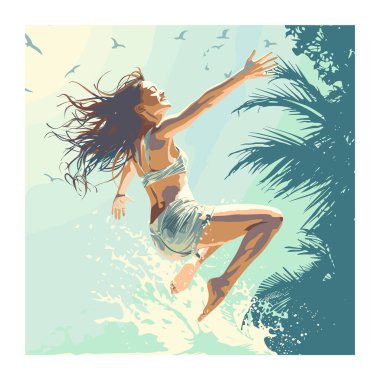Genç bir kadın özgürlüğün tadını çıkarıyor. Denizden atlayan, dalgalı saçlar, güneşli kumsal manzarası. Kadın okyanus dalgaları yakınında havalanır, mutluluk belirtileri gösterir, kuşlar arka planda uçar. Enerji sıçraması, tropikal