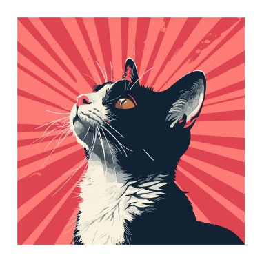 Yukarı bakan siyah beyaz kedi, sanatsal vektör çizimi, kırmızı ışıyan arka plan. Kapalı kedi yüzü, anlamlı gözler, stilize grafikler, evcil hayvan portresi.