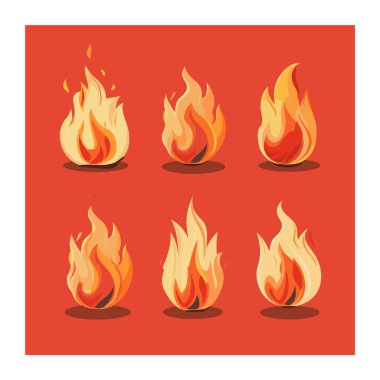 Altı farklı çizgi film alevi turuncu kırmızı arka plan tasarlıyor. Canlandırılmış bireysel alevler değişik şekillerde, şekillendirilmiş ateş çizimleri. Grafiksel ateş ikonları, canlı sıcak renkler