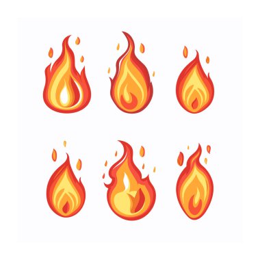 Altı farklı çizgi film ateş dizaynı izole edilmiş beyaz arka plan tasarlıyor. Canlı turuncu renkli ateş ikonları ideal web tasarımı. Koleksiyon, çeşitli şekiller, parlak alevler gibi tasvirleri biçimlendirdi