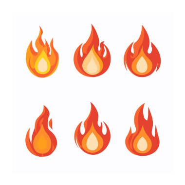 Altı farklı çizgi film alevi ikonu dizayn et. Koleksiyon ateş sembolleri sarı kırmızı gradyanlar, grafik gösterimi ısı, enerji, tehlike. Sıcak renk paleti, basit şekiller, izole edilmiş beyaz arkaplan