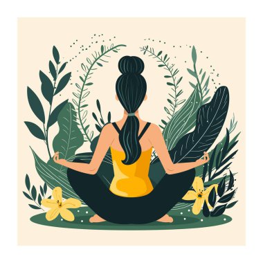 Kadın yoga yapıyor. Etrafı çiçeklerle çevrili. Kadın Lotus pozisyonu meditasyon doğa, sükunet konsepti. Sakin yoga seansı huzurlu yeşil ortam, sağIık farkındalığı odağı
