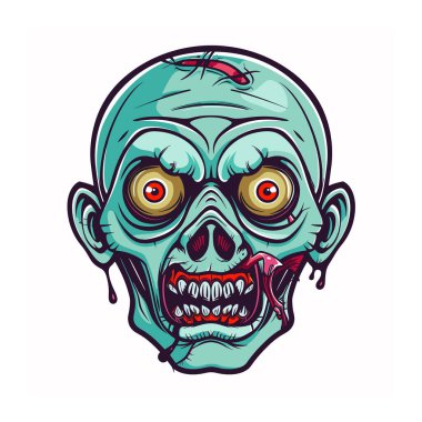 Canlı bir zombi kafası, parlak gözleri ve dikilmiş derisi var. Çizgi film stili ölümsüz karakter abartılı yüz hatları renk değiştiriyor. Detaylı korku temalı grafik sanatı çığlık atan zombi