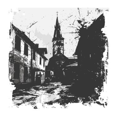 Grunge tarzı siyah beyaz illüstrasyon Avrupa kenti eski binaları kilise kulesi, sanat eserleri karamsar, antika atmosfer yaratıyor yüksek kontrast sıkıntılı dokuları kullanarak. Tek renkli kasaba sahnesi
