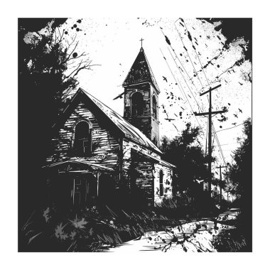 Siyah beyaz illüstrasyon terk edilmiş kilise, çürüyen yapı ürkütücü gotik atmosfer, terk edilmiş ürkütücü manzara. Grunge sanat tarzı, sıçramış mürekkep, Cadılar Bayramı konsepti, perili dini yapı.