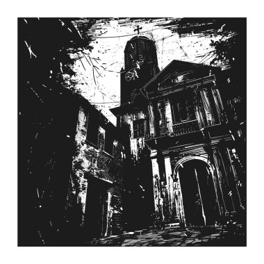 Gotik kilise çan kulesi eski Avrupa caddesinin üzerinde, koyu mürekkepli çizimler yapıyor. Dar sokak asfaltlı yol tarihi bina ve tek renkli dışavurumcu sanata öncülük ediyor. Saat uzunluğunda kilise geleneksel kilisenin üzerinde.