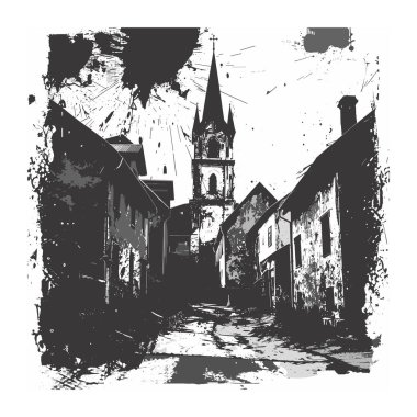 Tek renkli vektör çizimi eski Avrupa caddesi kilise kulesine doğru gidiyor. Siyah beyaz grunge sanat stili, tuhaf köy manzarasını tasvir ediyor, binalar dar yol hizasında. Stark karşıtlıkları