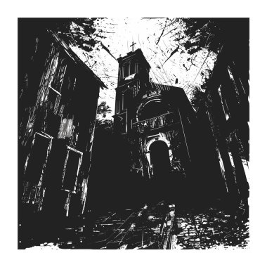 Gotik kilise sokağı, koyu tek renkli grunge tarzı, sanatsal şehir manzarası. Ürkütücü dar sokakların önde gelen kilisesi, dışavurumcu siyah beyaz sanat. Eski kasaba binaları siluet, rahatsız edici atmosfer.