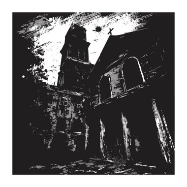 Gotik mimari karamsar siyah beyaz sanat eserlerine hükmediyor, kilise kulesi gökyüzüne yükseliyor. Karanlık, kumlu stil, tarihi binaları gösteren uğursuz bir atmosfer yaratıyor. Karşıtlık ışığı