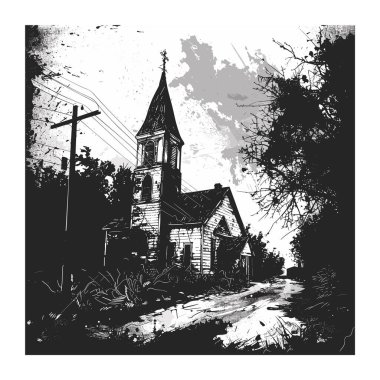 Siyah beyaz vektör illüstrasyonu kiliseyi terk etti. Çürümüş yapı, aşırı büyümüş yaprak kaplı telefon direğiyle çevrili. Gotik atmosfer karanlık gölgeler, kırık pencereler, karışık dallar yarattı.