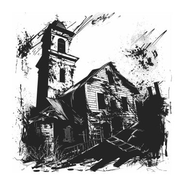 Grunge tarzı illüstrasyon terk edilmiş binalar tek renkli. Siyah beyaz taslak terk edilmiş kilise evi, ürkütücü bir atmosfer. Sanatsal yorumlar mimariyi çökertir, hayalet kasaba atmosferini bozar.