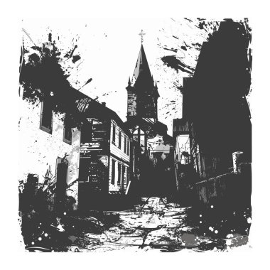 Gotik kilise kulesi tarihi binaların üzerinde parke taşı cadde boyunca yükseliyor, kasvetli atmosfer, tek renkli. Pis siyah beyaz şehir manzaraları, ürkütücü ortaçağ mimarisi, sıkıntılı efektler.