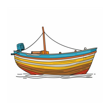Renkli ahşap tekne çizimi, yüzen su, parlak renkli gövde, balıkçı teknesi çizimi, deniz teması. El çizimi karikatür çizimi, izole edilmiş beyaz arkaplan, deniz ulaşımı