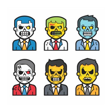 Six zombie businessmen portraits, cartoon zombies wearing suits, colorful undead characters. Zombie office workers, collection corporate zombies, horror themed vector characters. Bright cartoon clipart