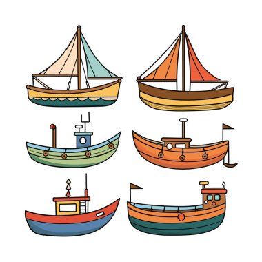 El yapımı renkli tekneler, yelkenli gemileri çizimleri, izole edilmiş beyaz arka plan. Çizgi film stili deniz gemileri, deniz taşımacılığı, deniz yolculuğu teması. Renkli balıkçı tekneleri yelkenliler, okyanus