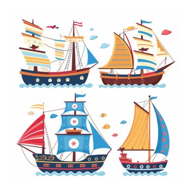 Cartoon sailboats colorful nautical theme illustration isolated white background. Four different sailing ships, playful maritime design, cute fish wave details. Childfriendly graphics, vibrant hues clipart