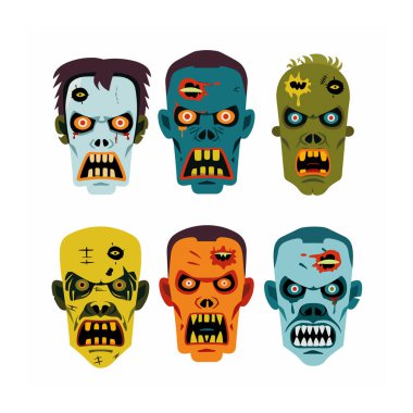Altı çizgi film zombisi, Cadılar Bayramı temalı parlak renkli korkunç karakterlerle karşı karşıya. Çizgi film ölümsüz kafa koleksiyonu değişik duygular korkunç yüz ifadeleri izole edilmiş beyaz
