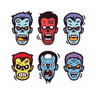 Değişik ifadeler, renkler, ölümsüz tasarımlar içeren altı çizgi film zombisi kafası. Zombi öfke, şok ve saldırganlık dolu ideal Cadılar Bayramı temaları sergiliyor. Grafiksel biçim canlı renkler, kalın çizgiler